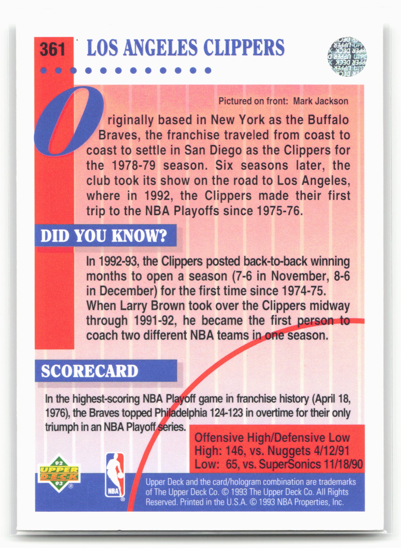 1992-93 Upper Deck #361 Los Angeles Clippers
