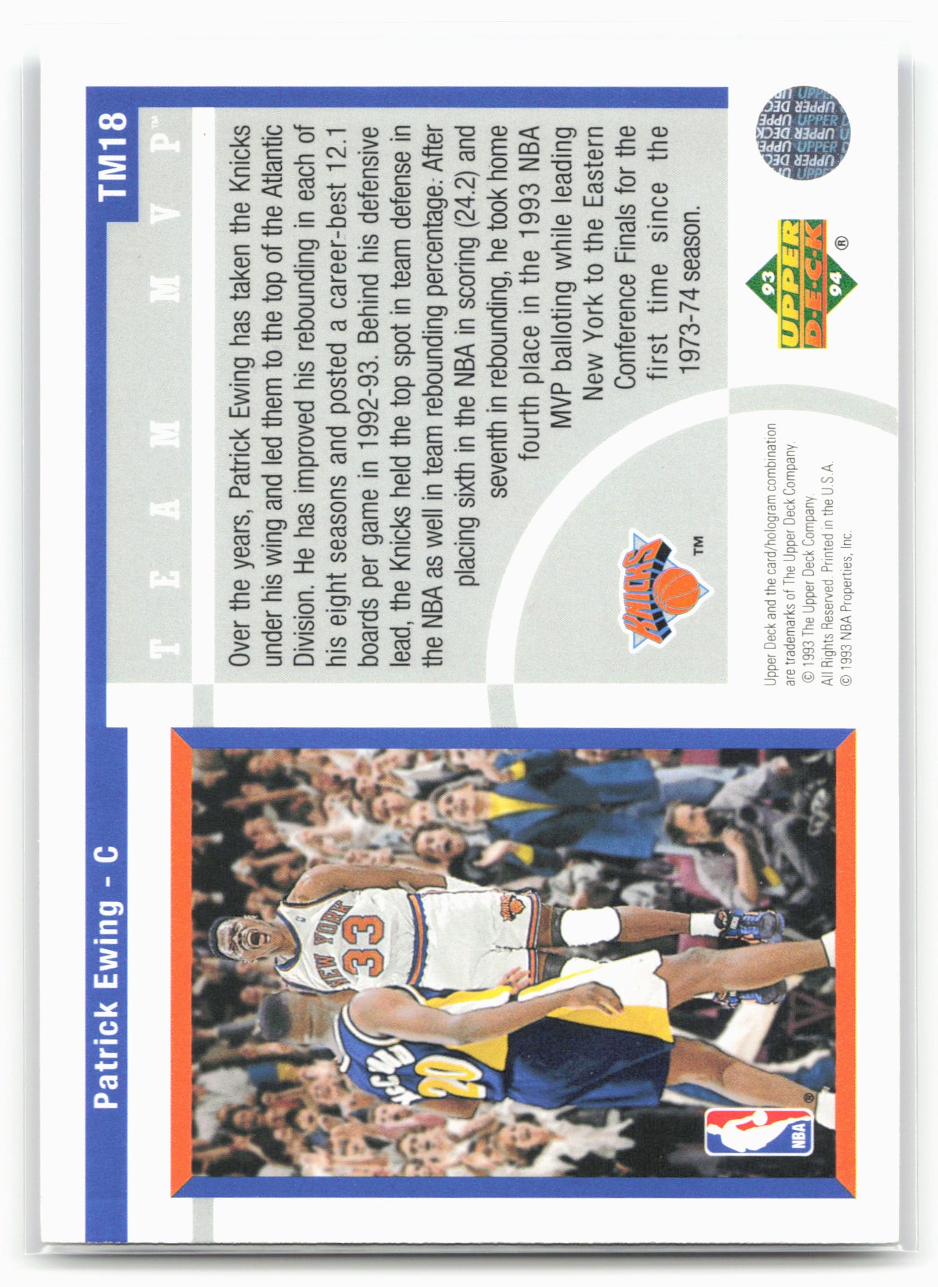 1993-94 Upper Deck #TM18 Patrick Ewing Team MVP