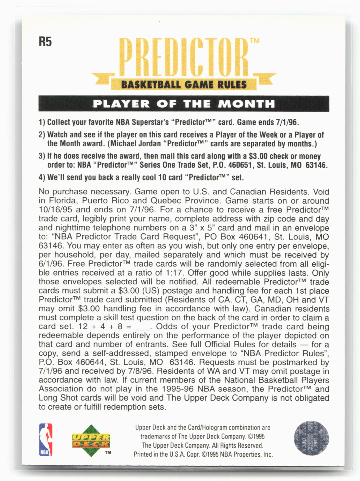 1995-96 Upper Deck #R5 Michael Jordan Predictors: Player of the Month