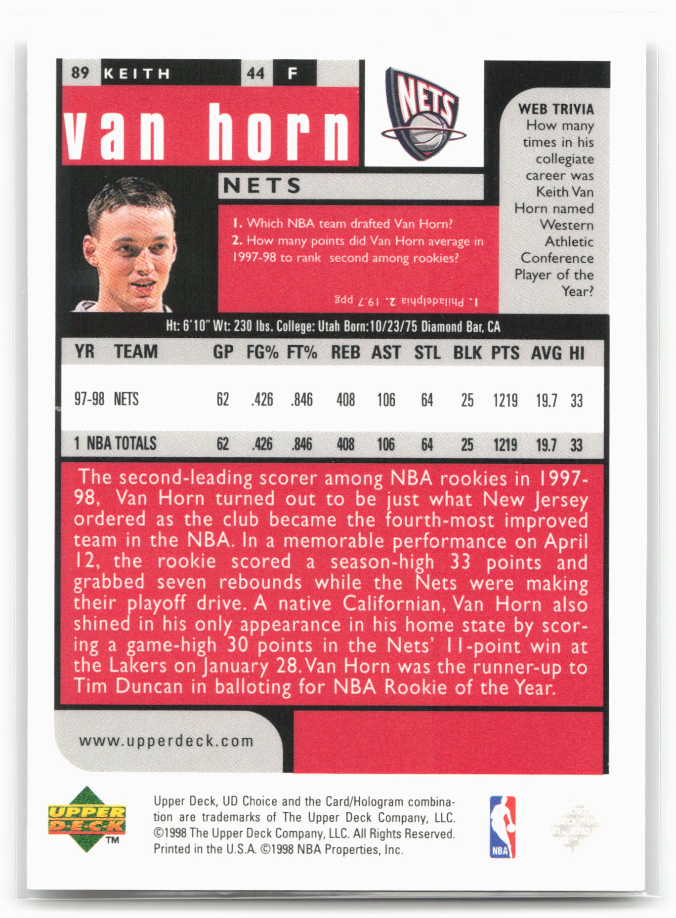 1998-99 UD Choice Preview #89 Keith Van Horn 25407