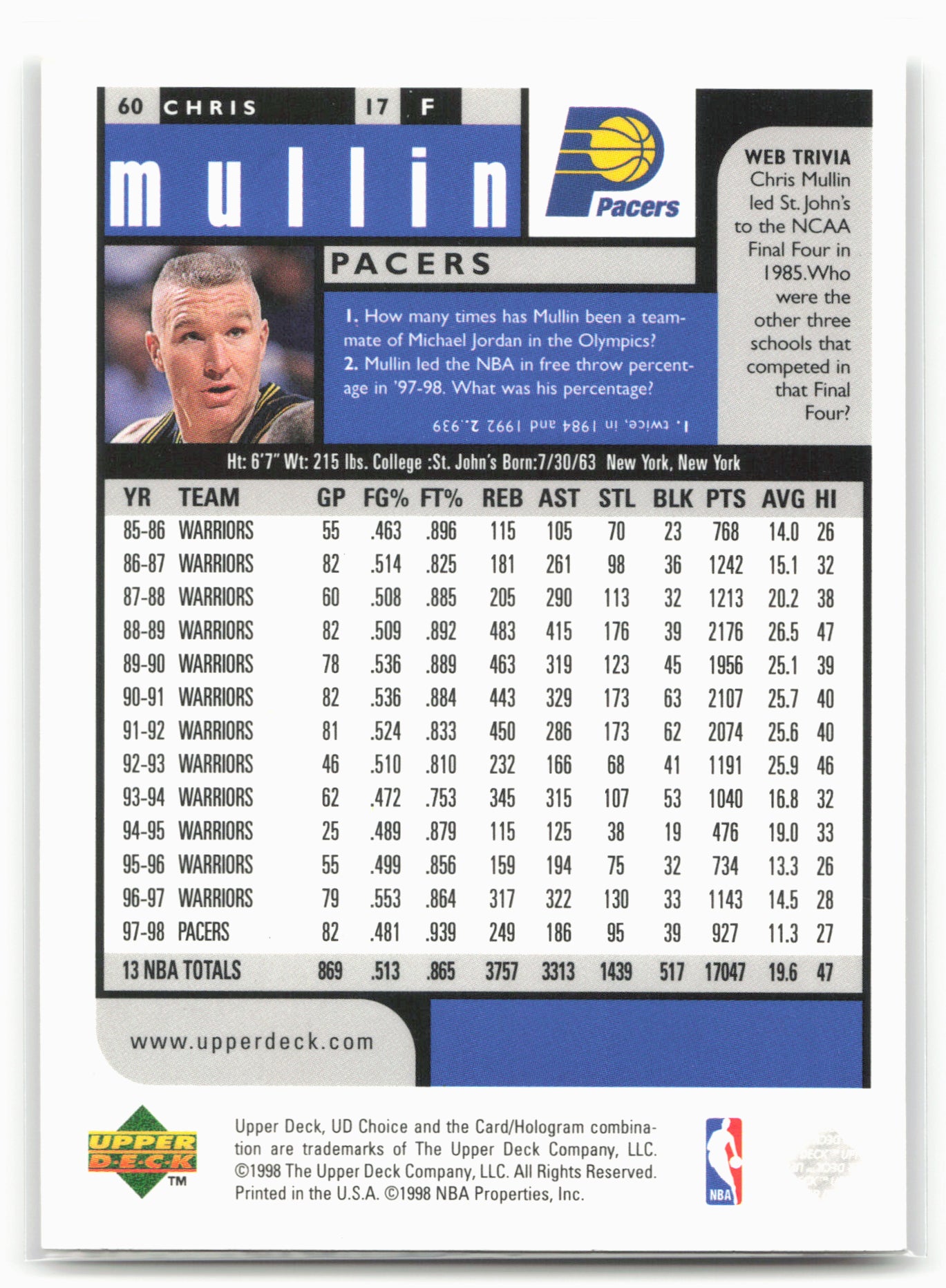 1998-99 UD Choice Preview #60 Chris Mullin