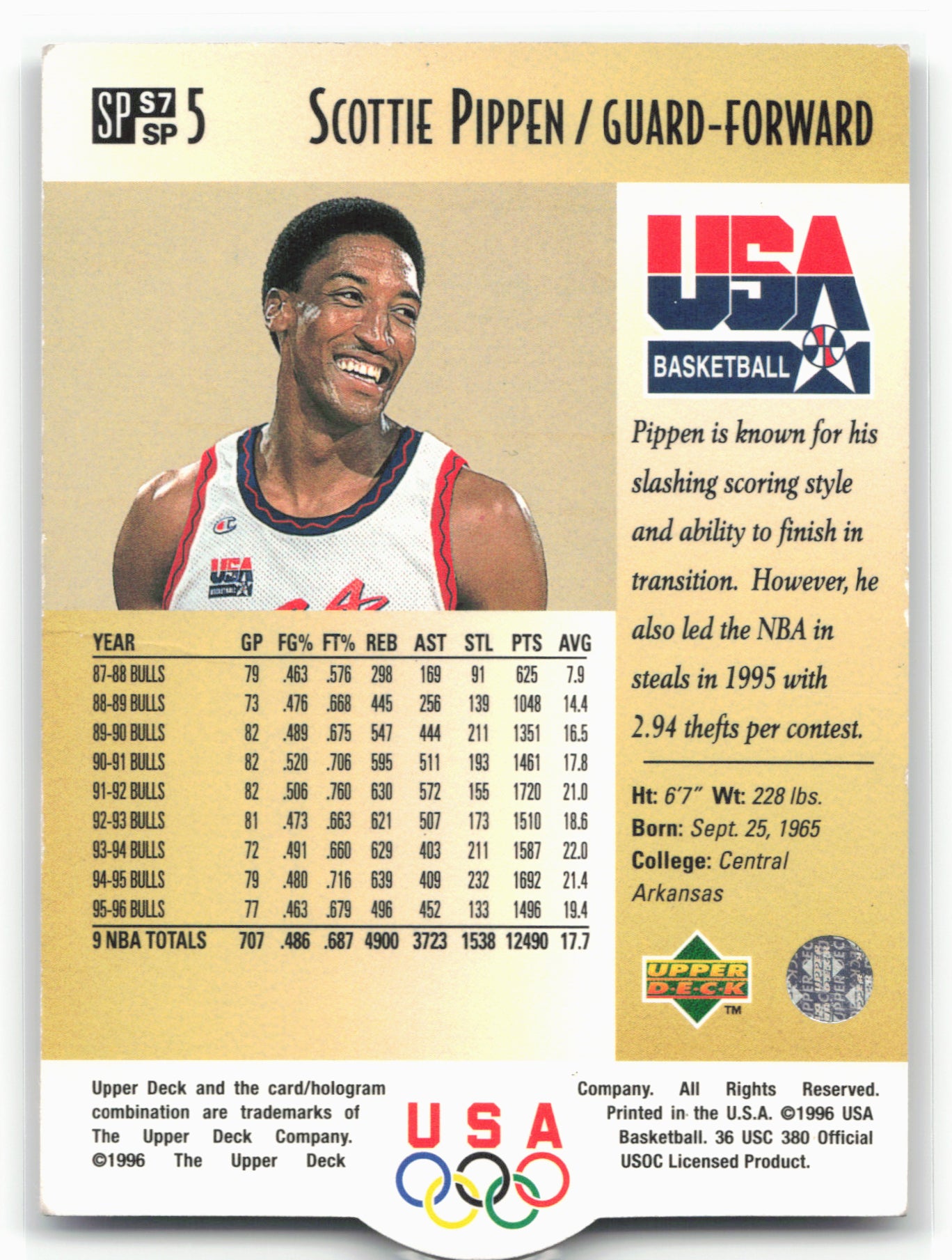 1996 Upper Deck USA #S7 Scottie Pippen SP Career Statistics Gold
