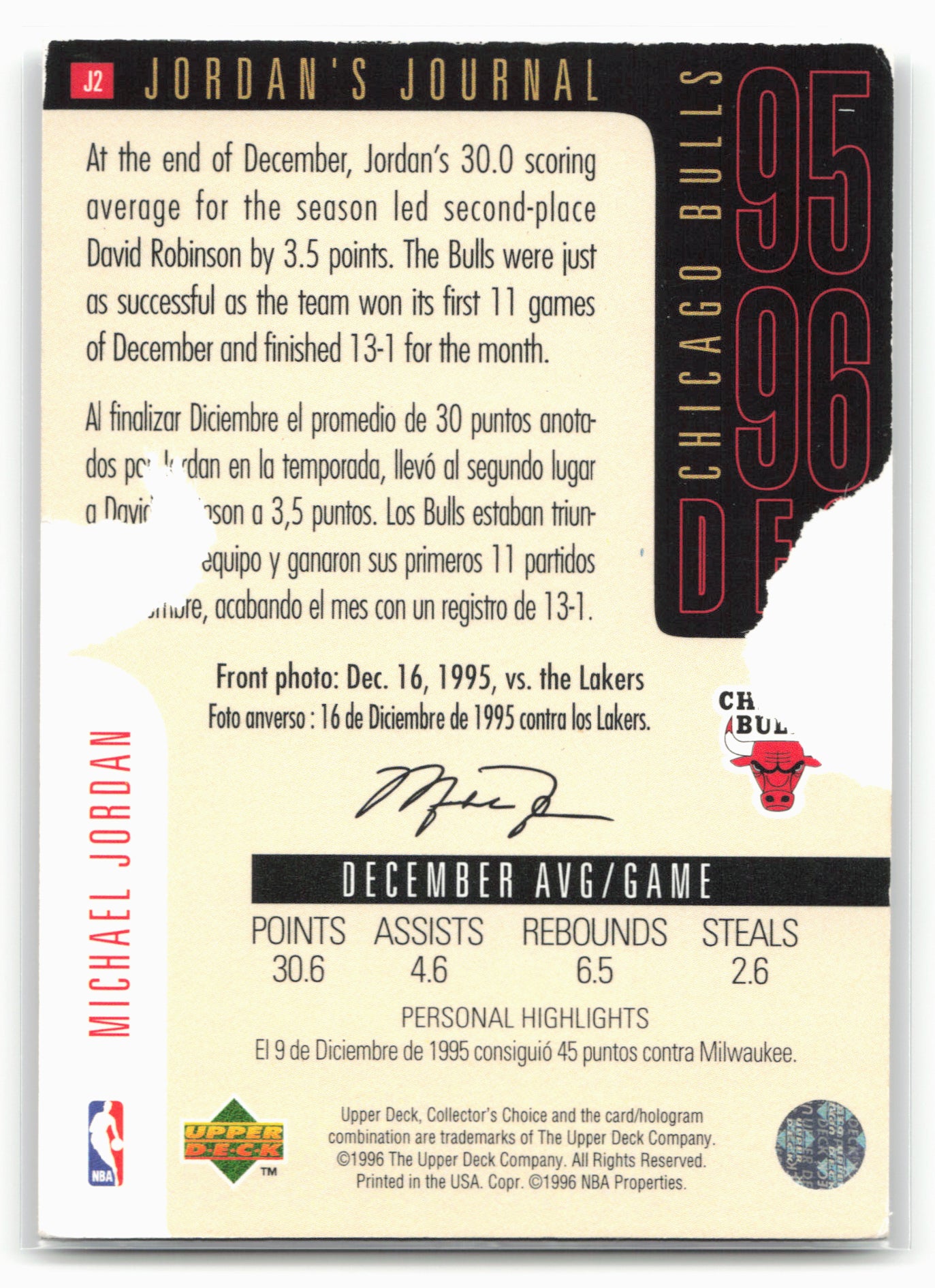 1996-97 Collector's Choice French #J2 Michael Jordan Jordan's Journal