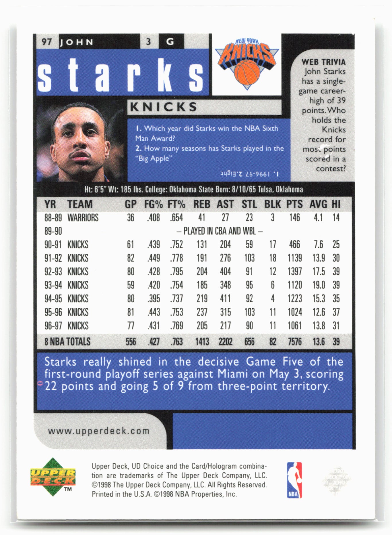 1998-99 UD Choice Preview #97 John Starks