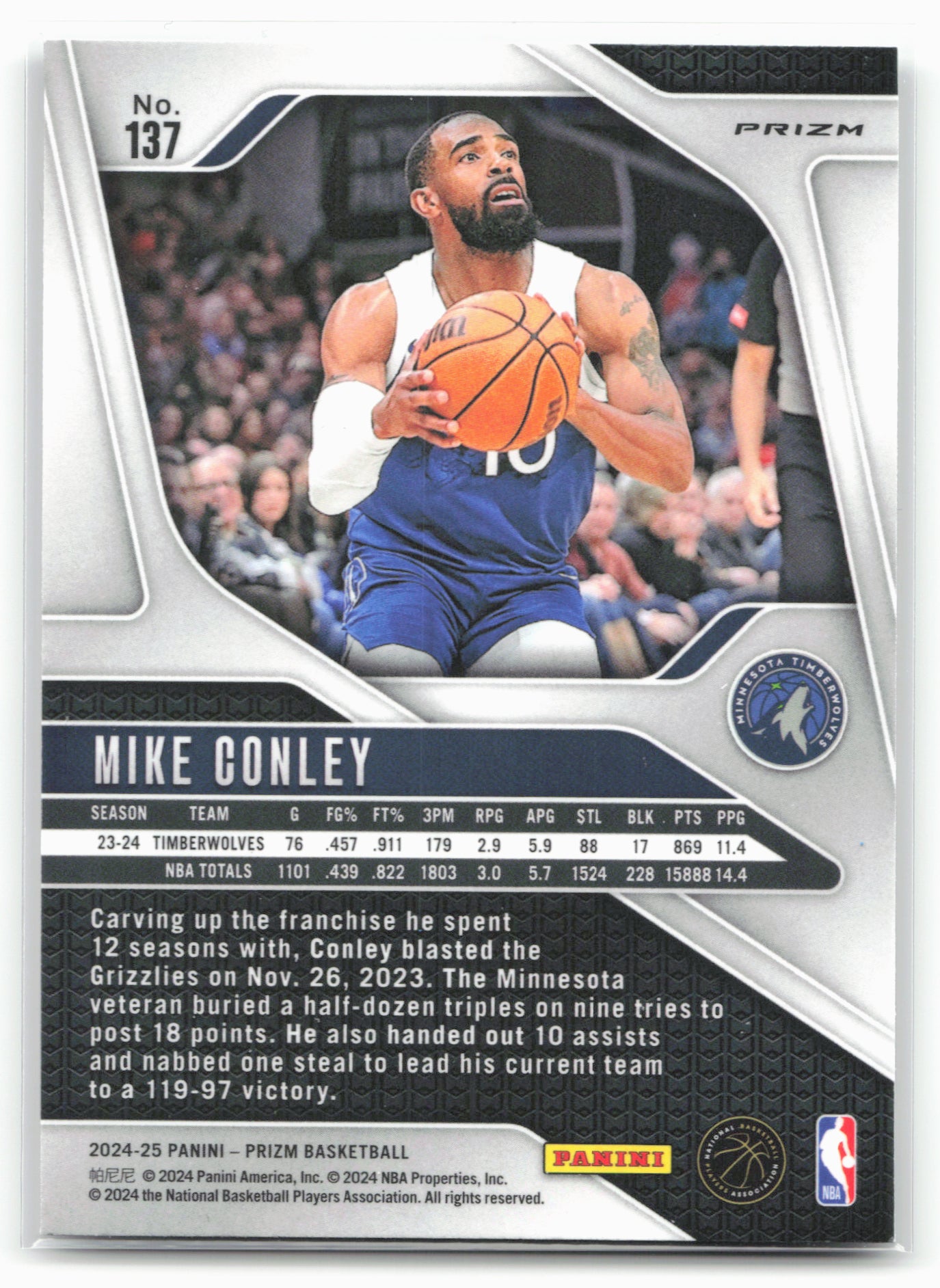 2024-25 Panini Prizm #137 Mike Conley Prizms Silver 25493