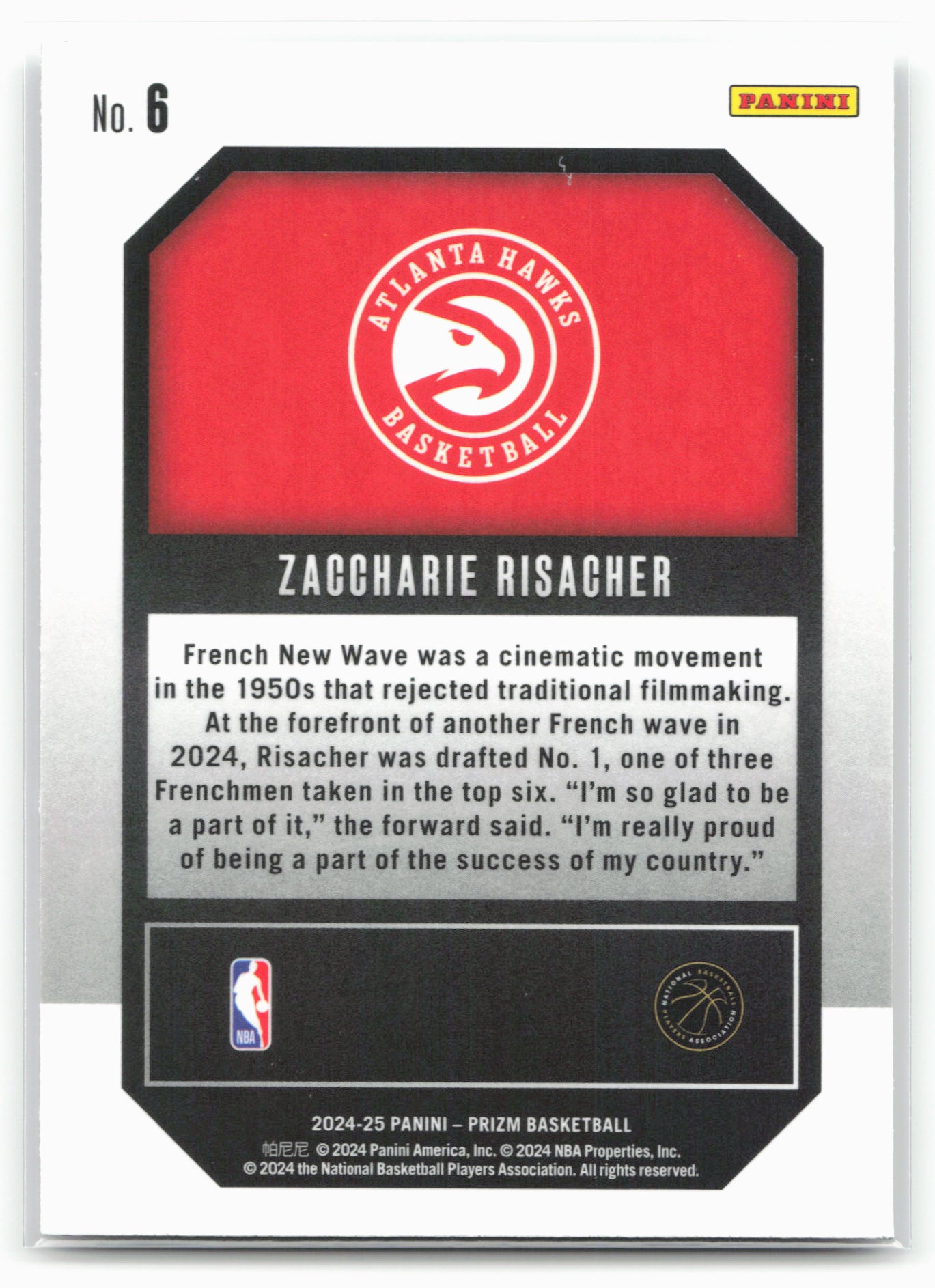 2024-25 Panini Prizm #6 Zaccharie Risacher 25505