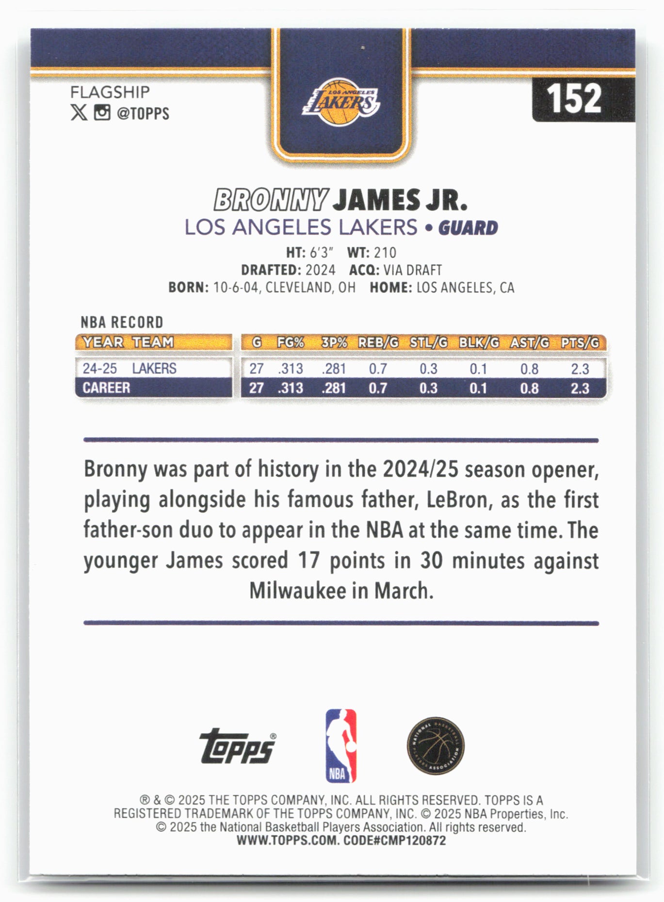 2025-26 Topps #152 Bronny James Jr. Holo Foil 25564