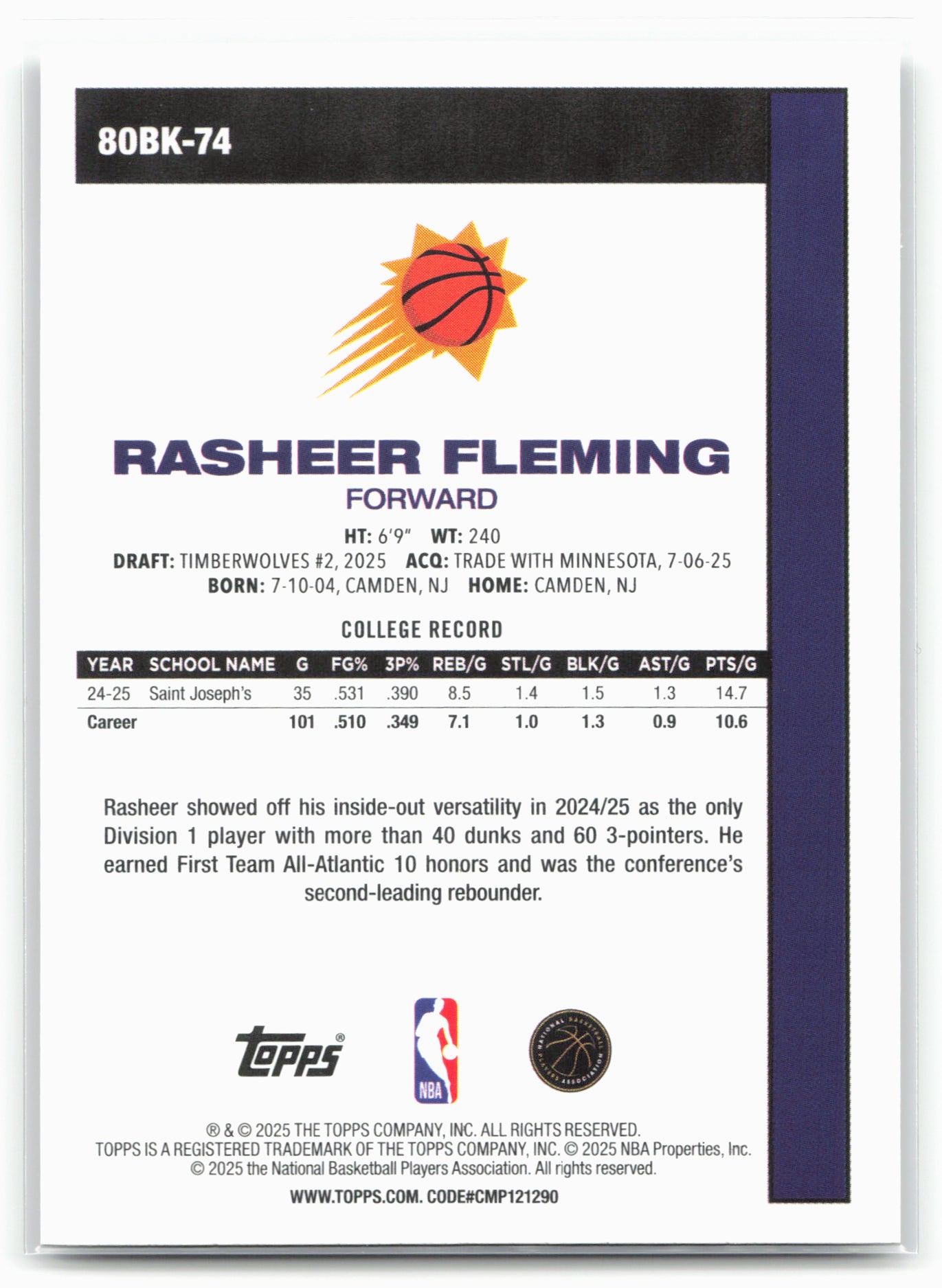 2025-26 Topps #80BK-74 Rasheer Fleming 1980-81 Topps Basketball 25567