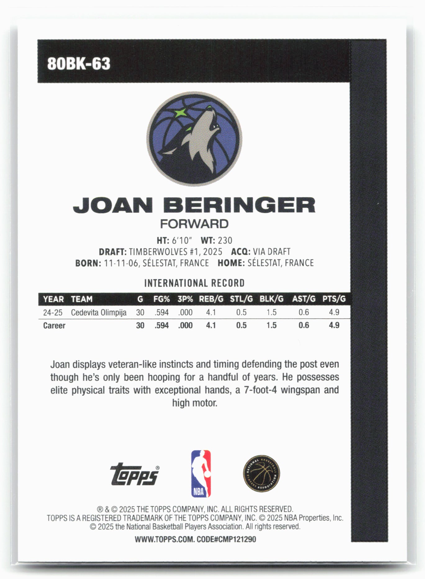 2025-26 Topps #80BK-63 Joan Beringer 1980-81 Topps Basketball 25570