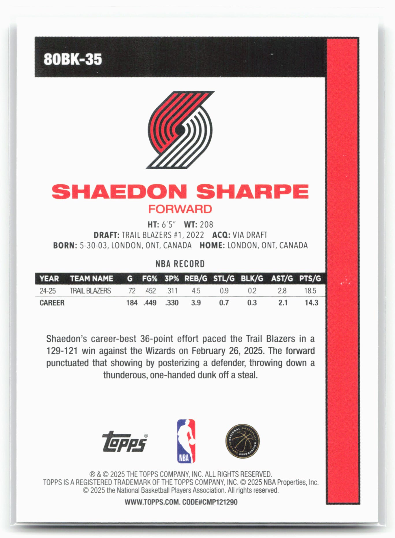 2025-26 Topps #80BK-35 Shaedon Sharpe 1980-81 Topps Basketball 25573