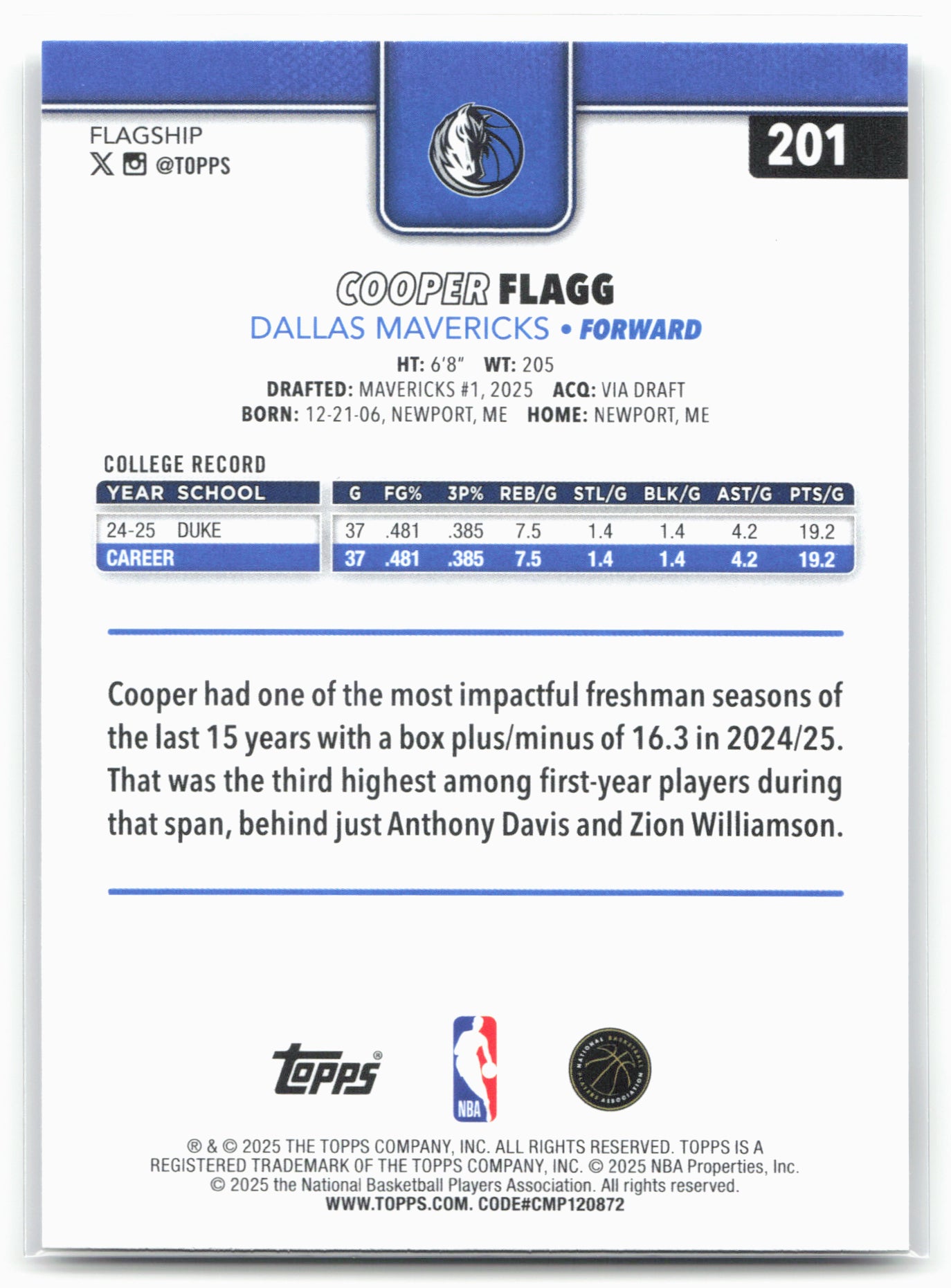 2025-26 Topps #201 Cooper Flagg 25574