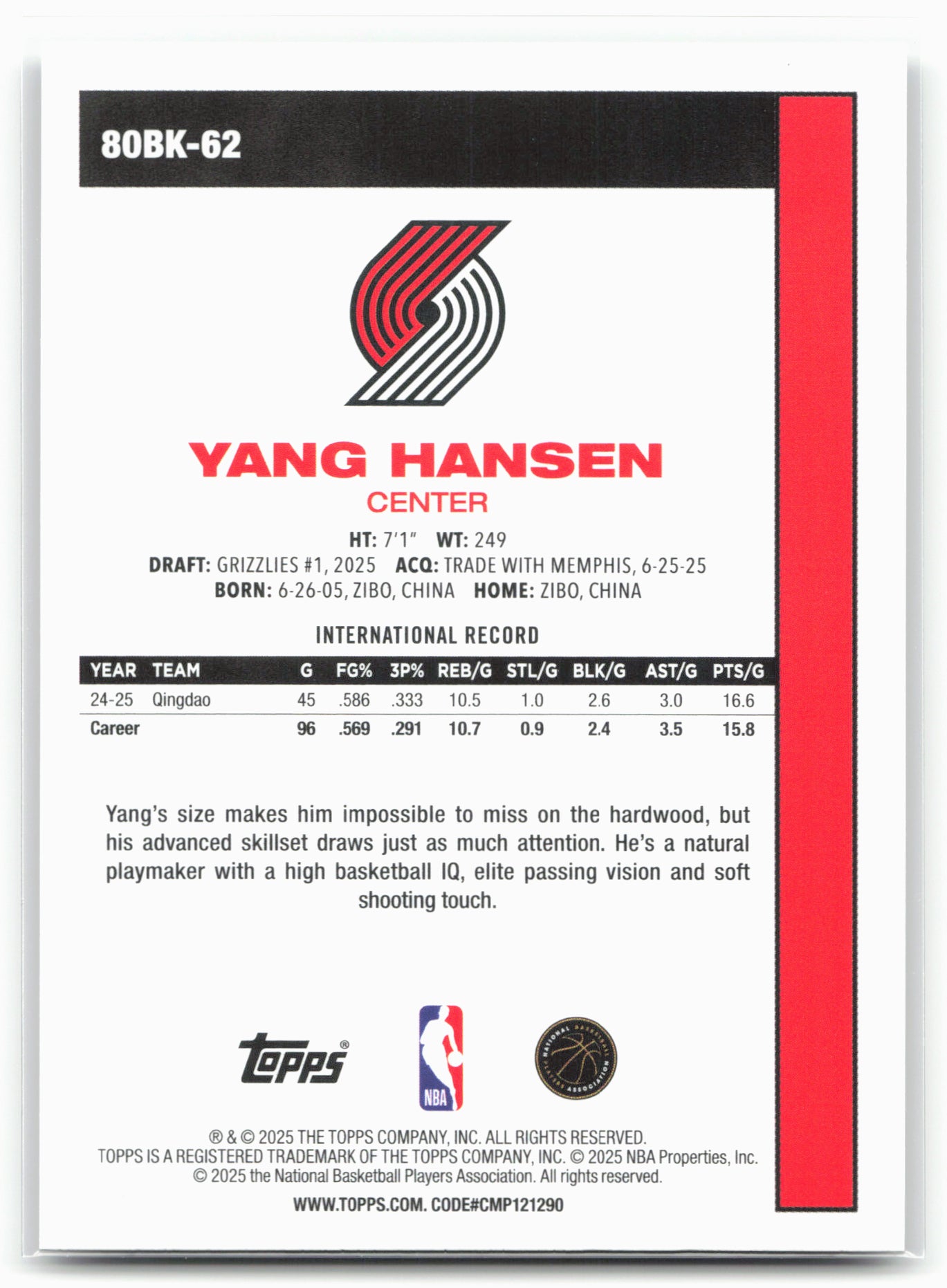 2025-26 Topps #80BK-62 Yang Hansen 1980-81 Topps Basketball 25585