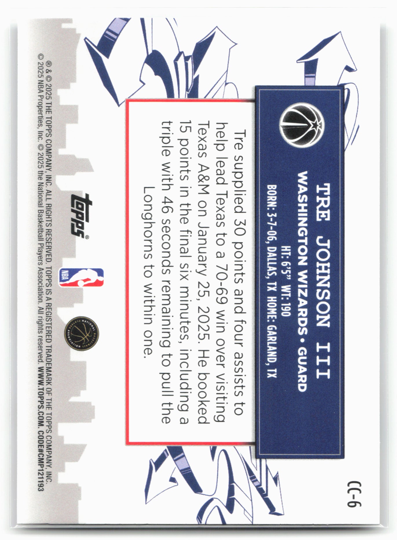 2025-26 Topps #CC-6 Tre Johnson III Clutch City Prospects 25592