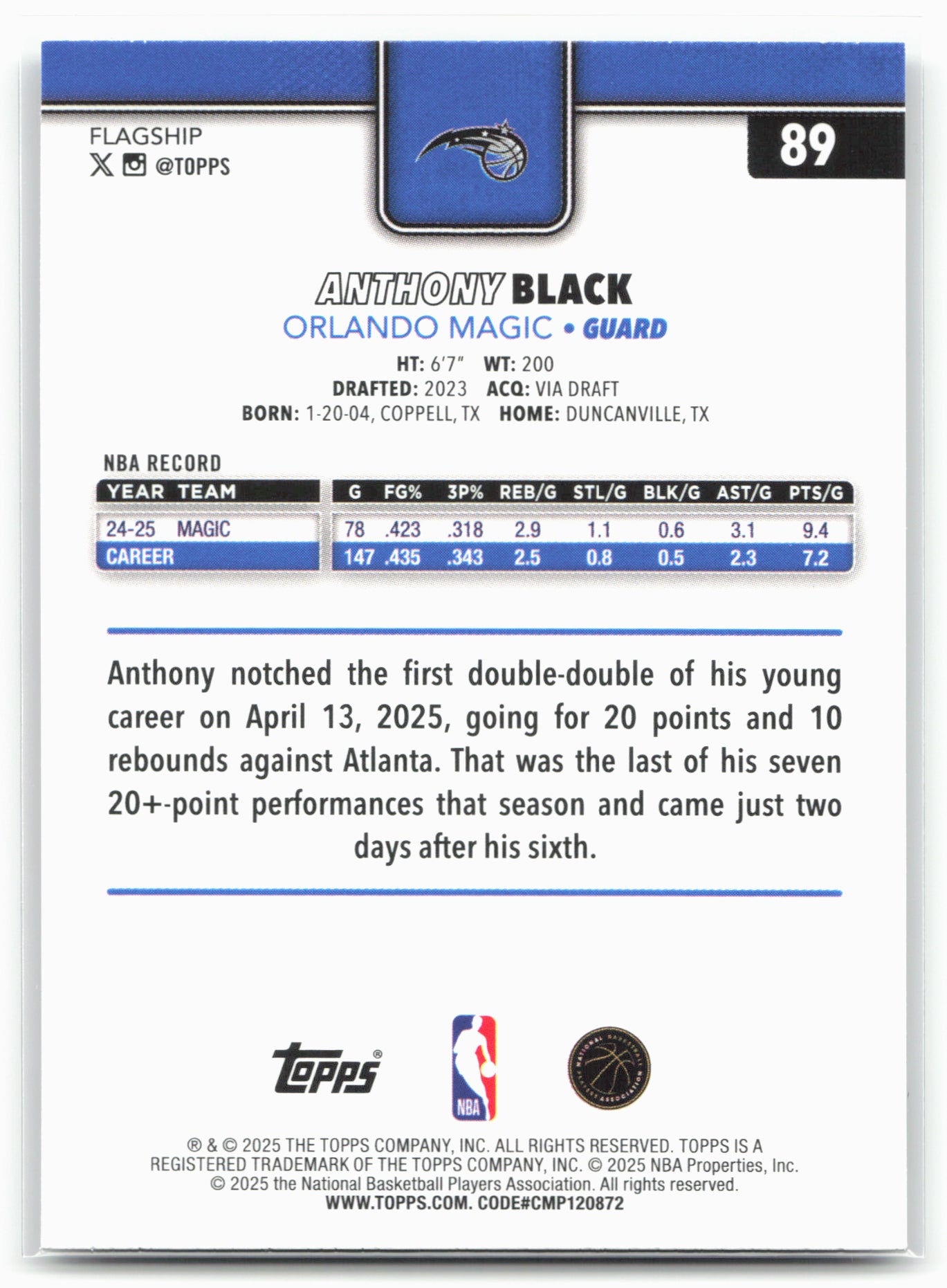 2025-26 Topps #89 Anthony Black Diamante 25596