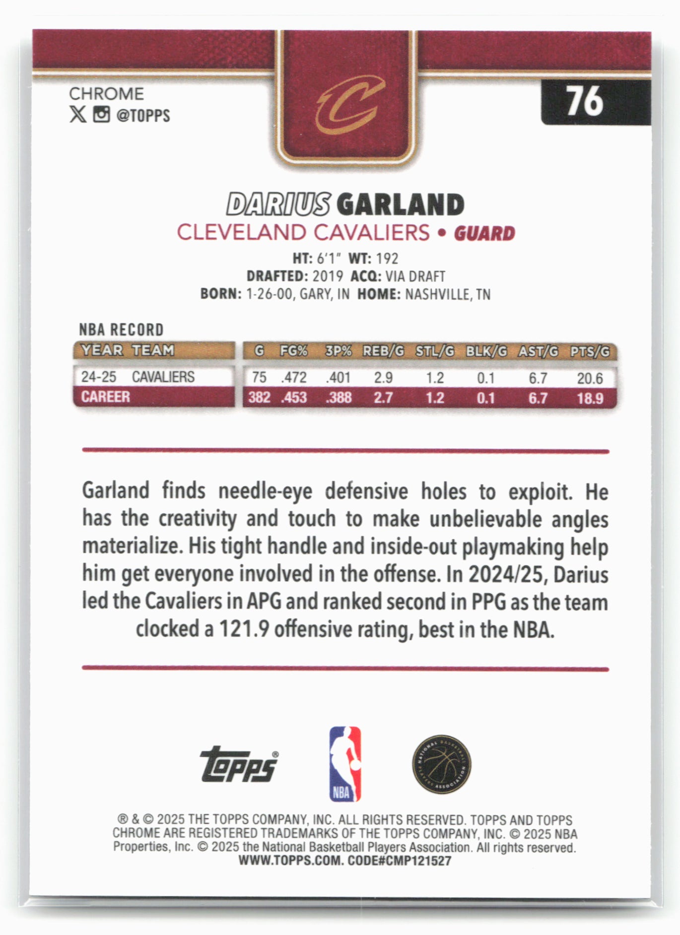 2025-26 Topps Chrome #76 Darius Garland 25649