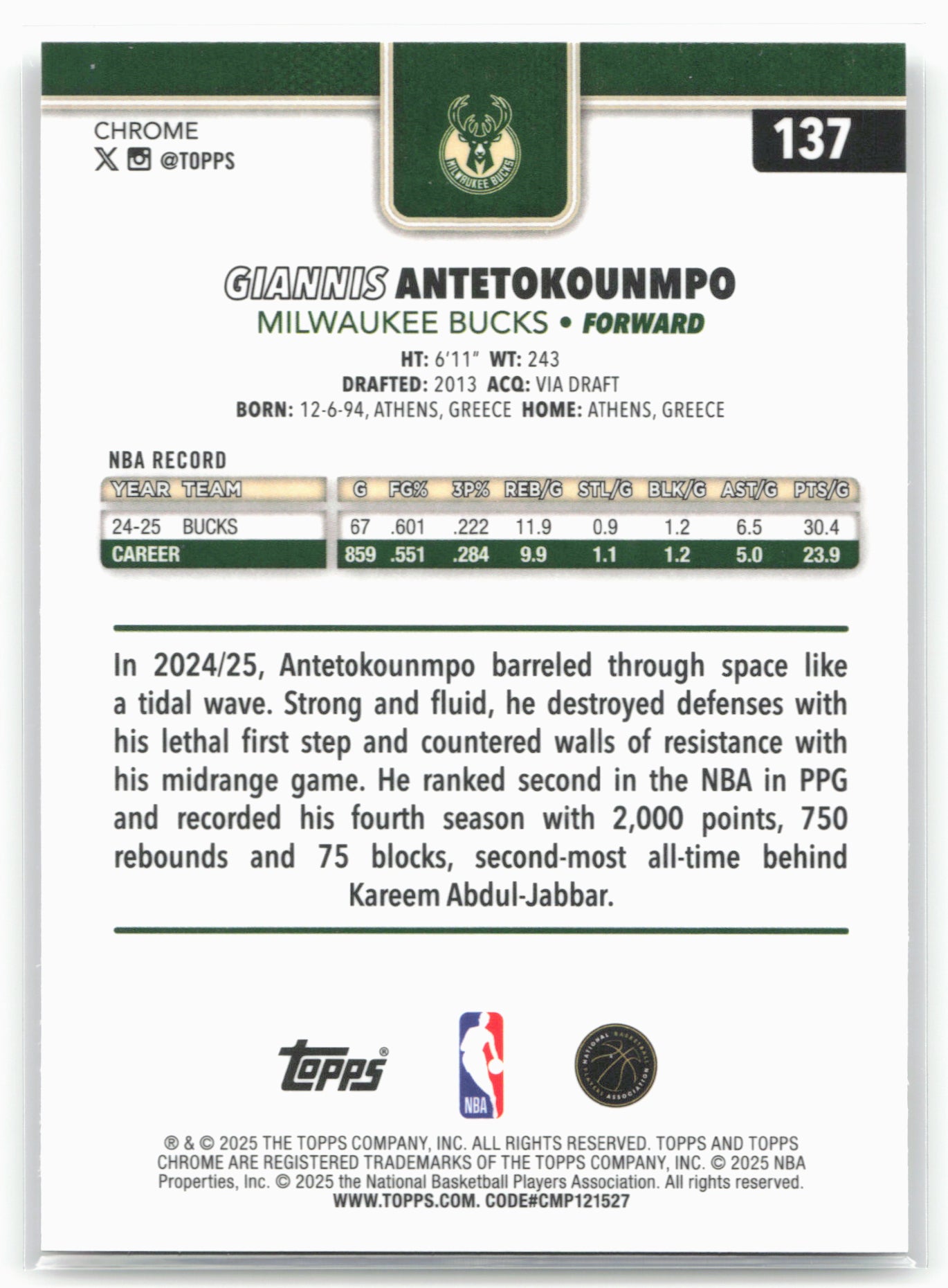 2025-26 Topps Chrome #137 Giannis Antetokounmpo 25651