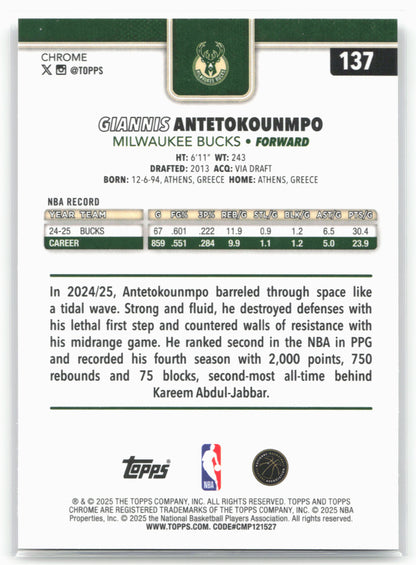 2025-26 Topps Chrome #137 Giannis Antetokounmpo 25651