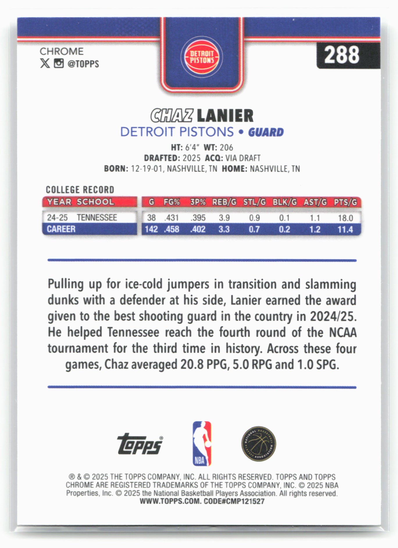 2025-26 Topps Chrome #288 Chaz Lanier 25660