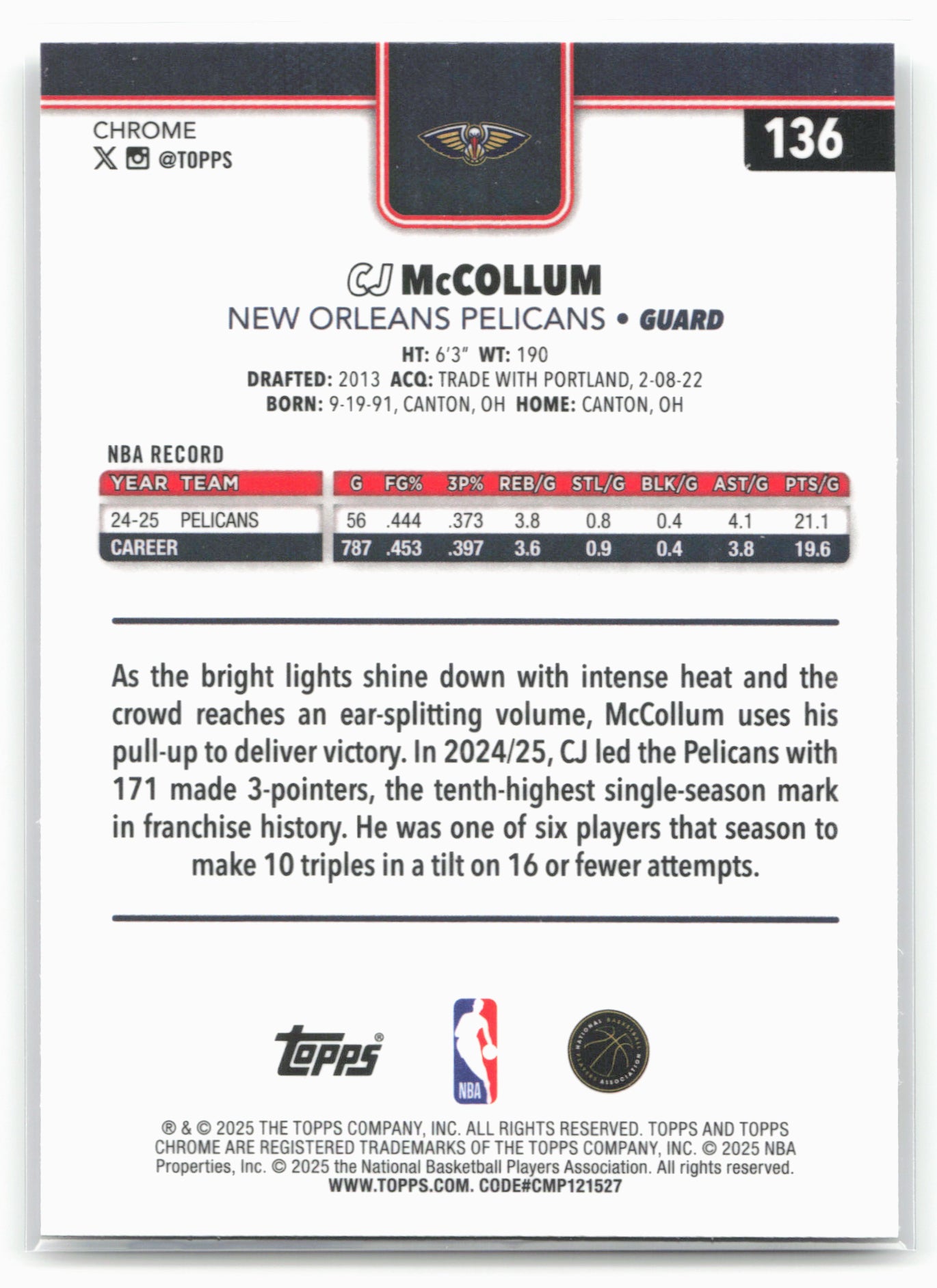 2025-26 Topps Chrome #136 CJ McCollum 25661