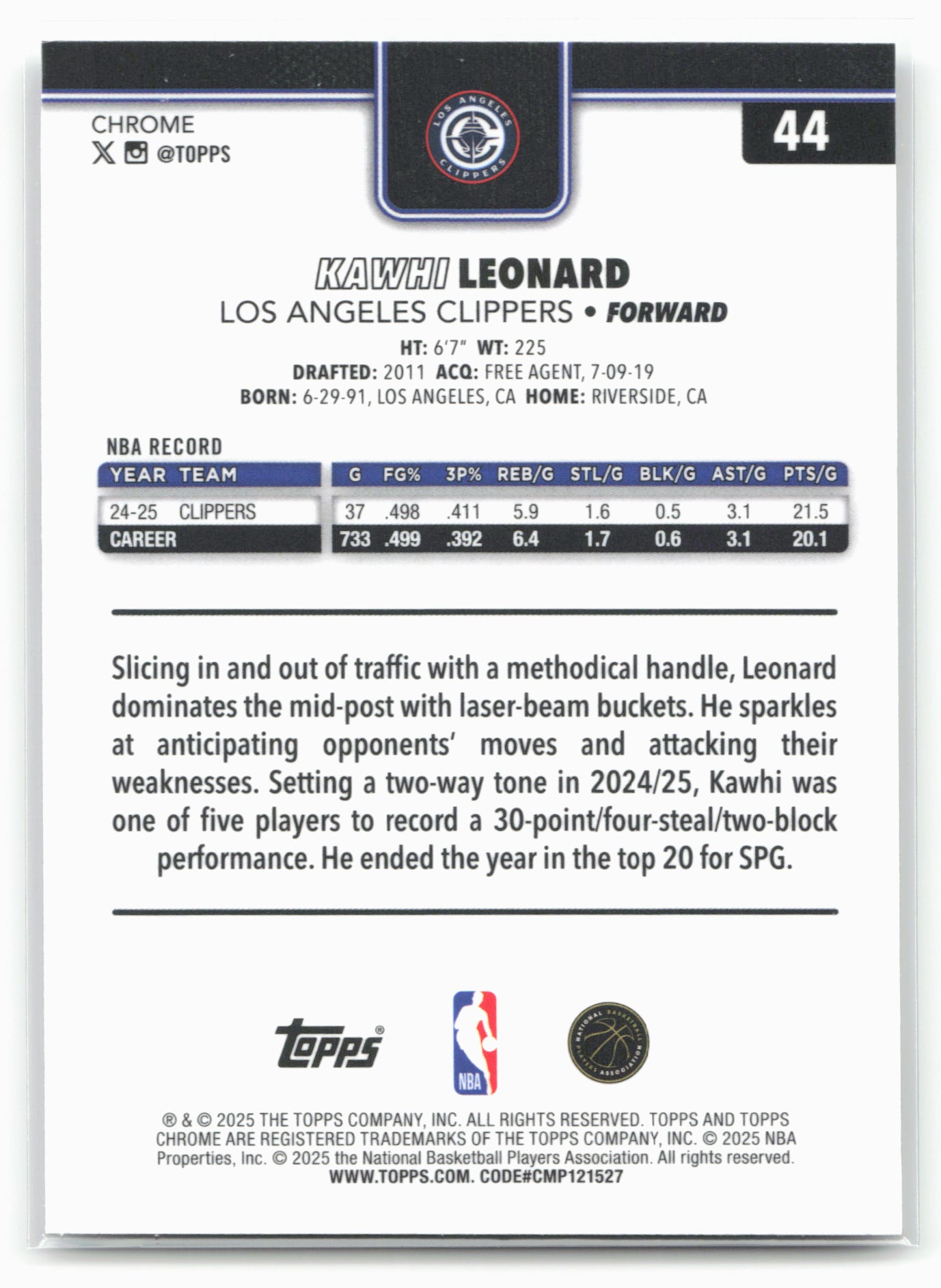 2025-26 Topps Chrome #44 Kawhi Leonard 25663