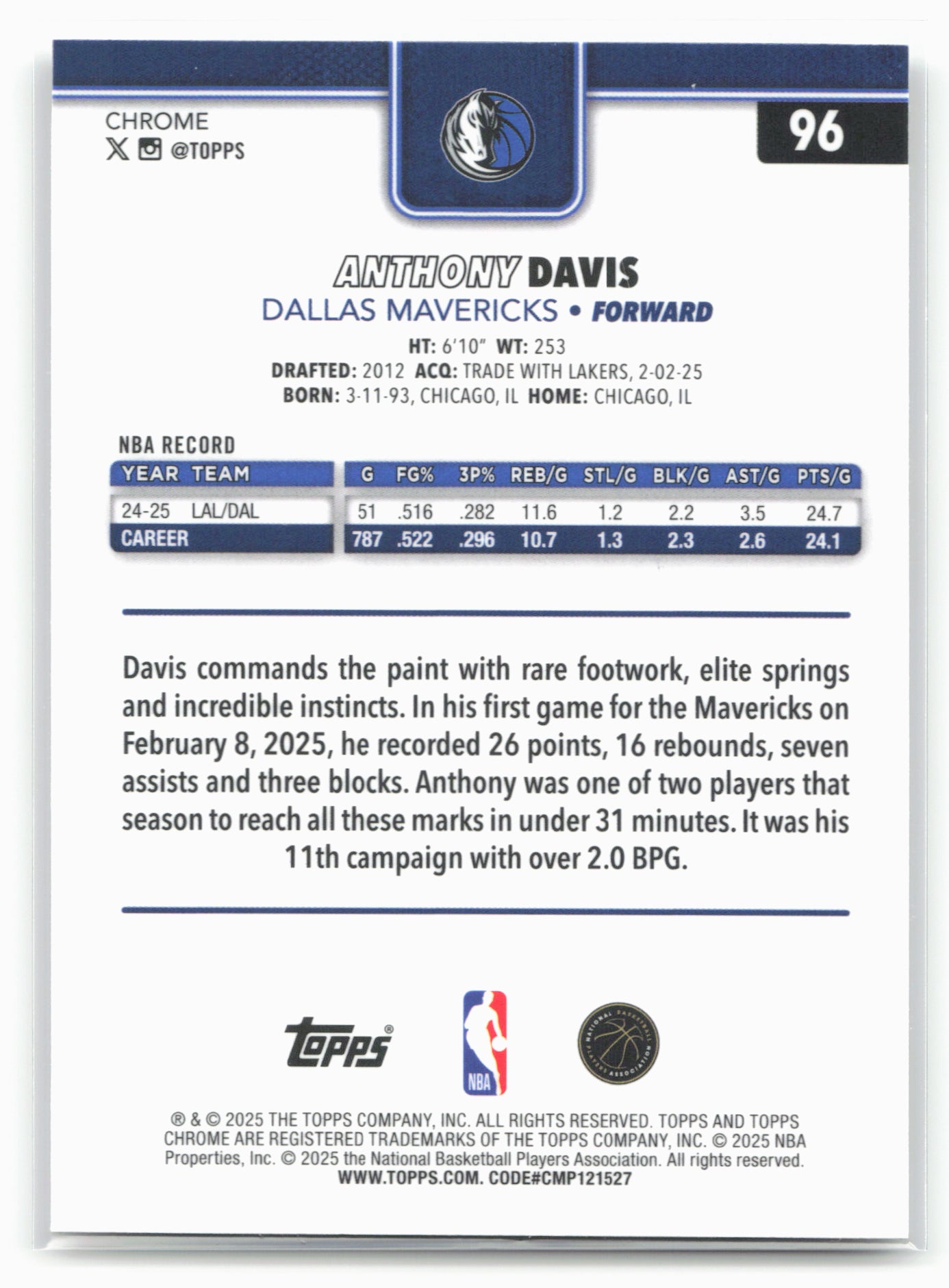 2025-26 Topps Chrome #96 Anthony Davis 25665