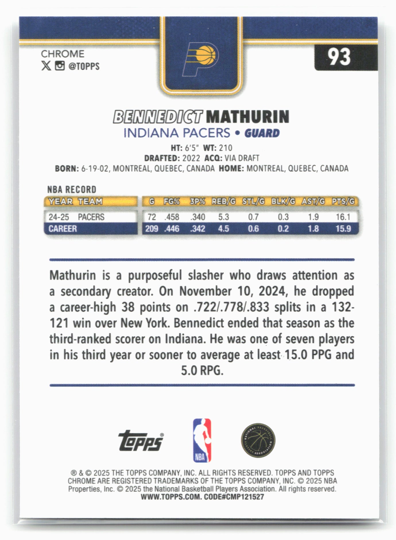 2025-26 Topps Chrome #93 Bennedict Mathurin