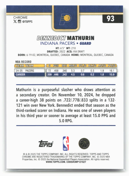 2025-26 Topps Chrome #93 Bennedict Mathurin