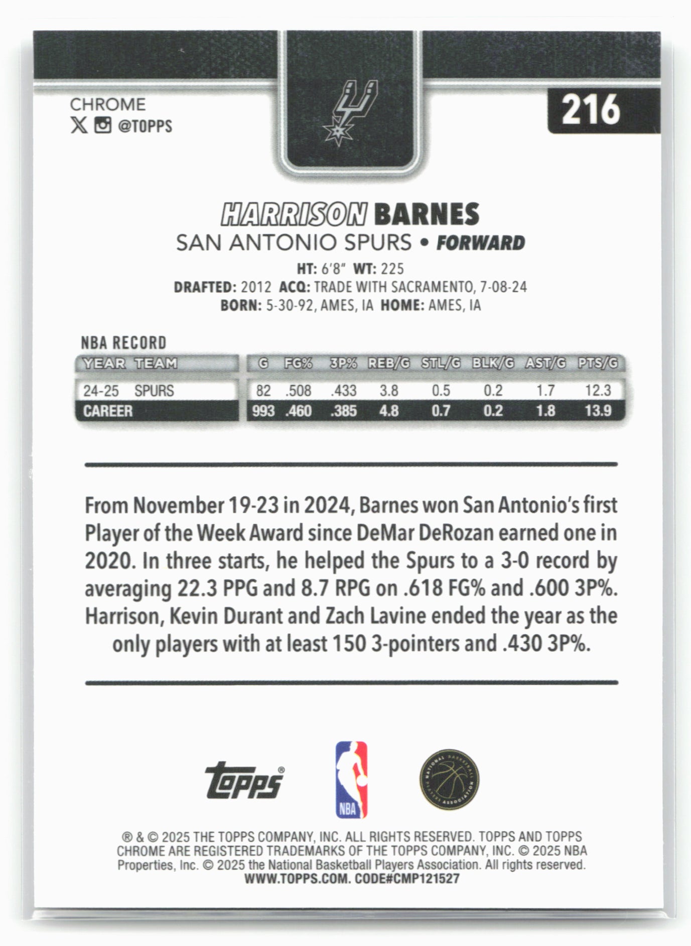2025-26 Topps Chrome #216 Harrison Barnes 25669