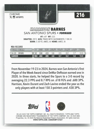 
2025-26 Topps Chrome #216 Harrison Barnes 25669