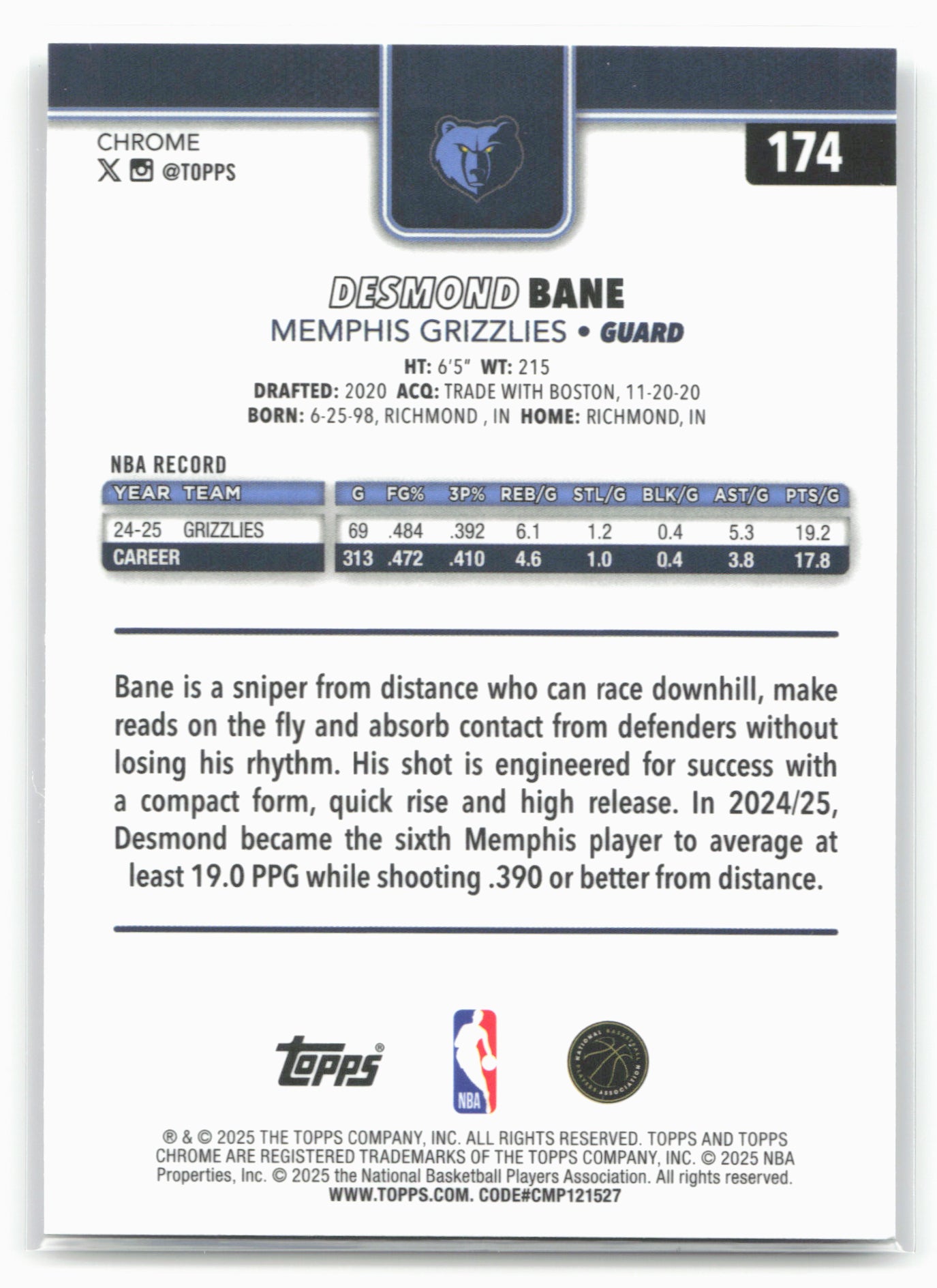 2025-26 Topps Chrome #174 Desmond Bane 25671