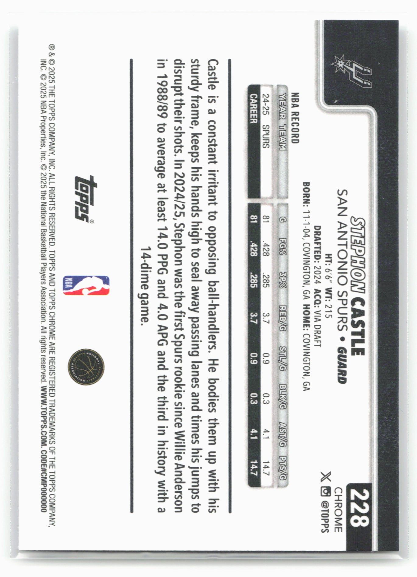 2025-26 Topps Chrome #228 Stephon Castle 25673