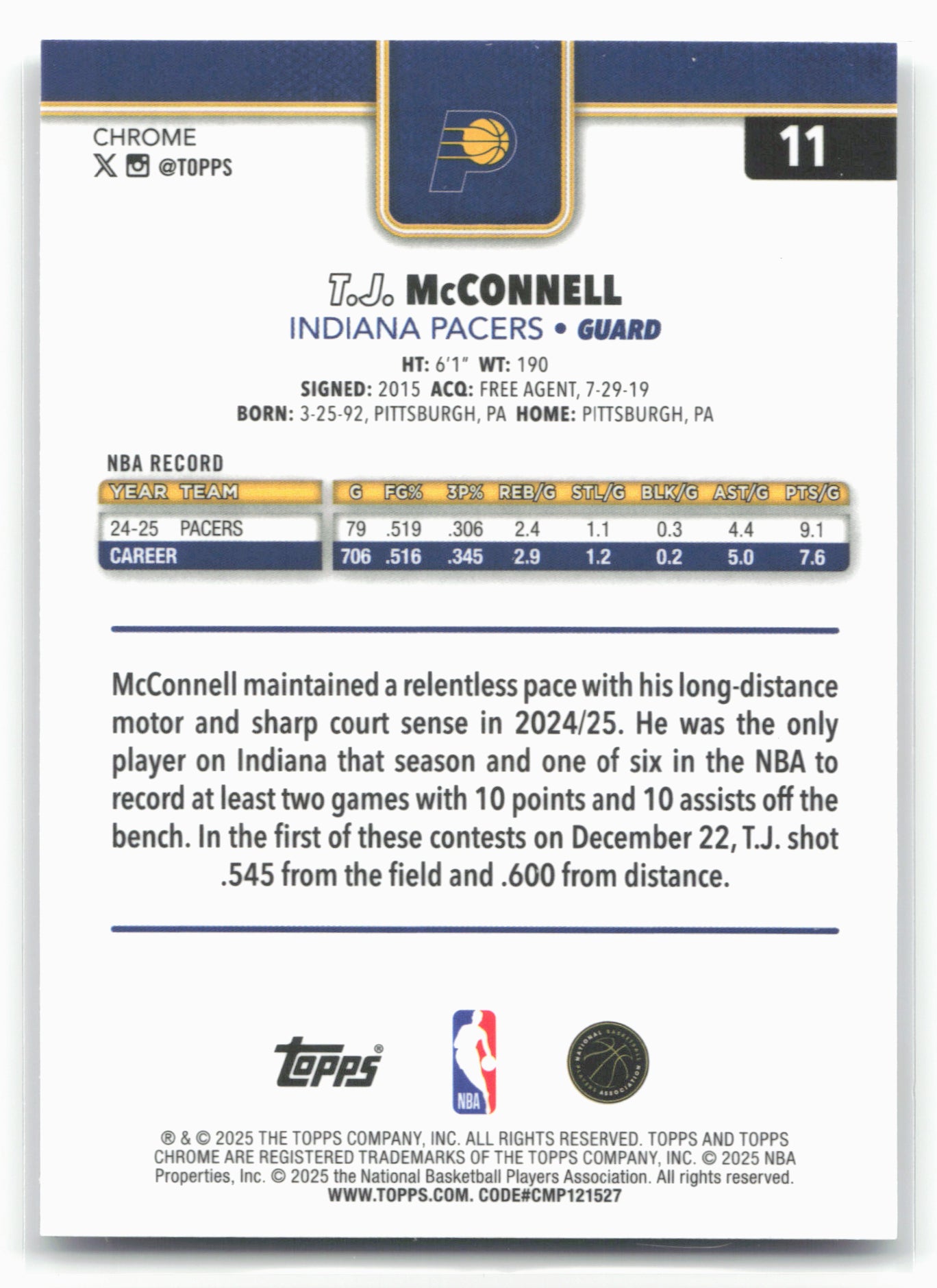 2025-26 Topps Chrome #11 T.J. McConnell 25674