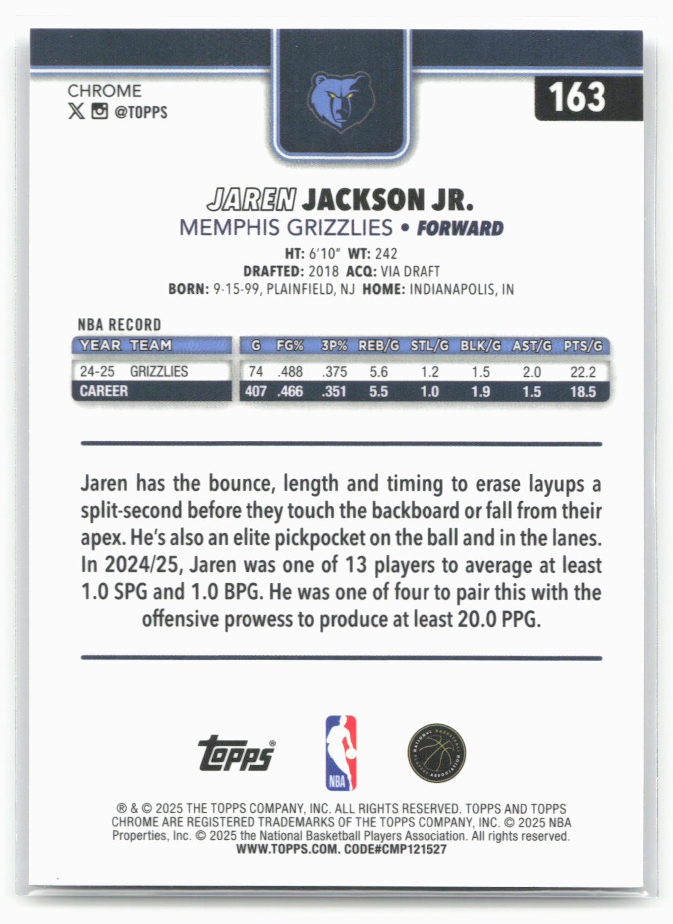 2025-26 Topps Chrome #163 Jaren Jackson Jr. 25676