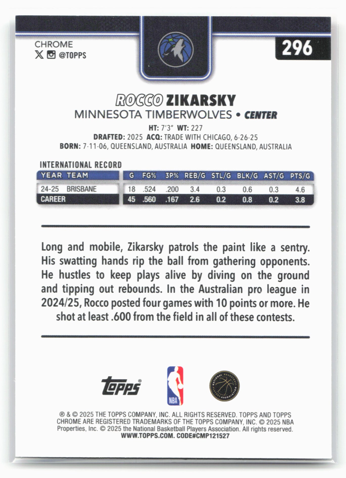 2025-26 Topps Chrome #296 Rocco Zikarsky 25679