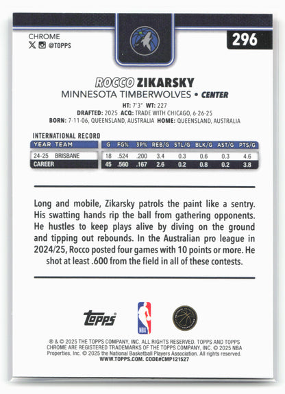 2025-26 Topps Chrome #296 Rocco Zikarsky 25679