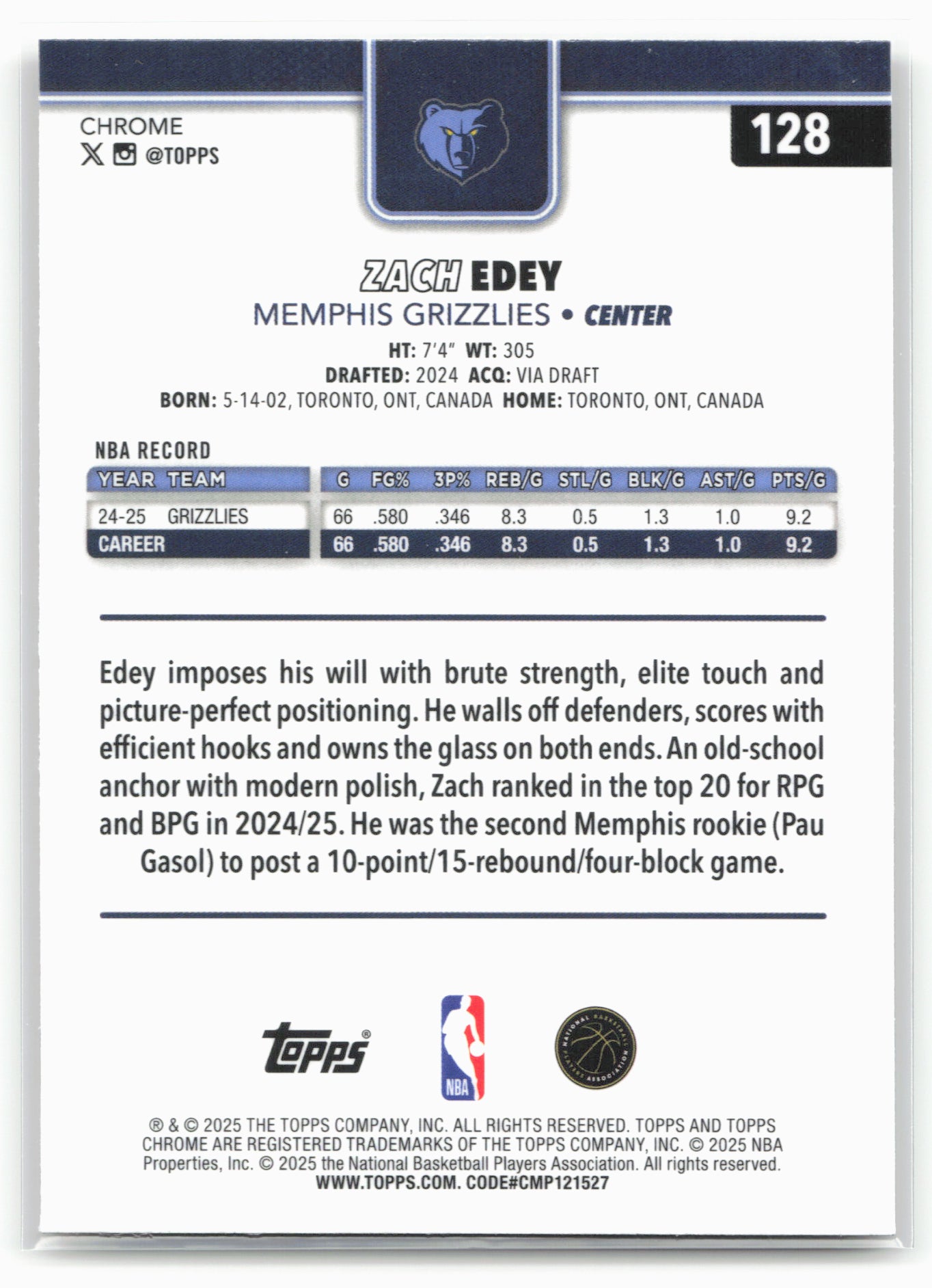 2025-26 Topps Chrome #128 Zach Edey Basketball Refractor 25680