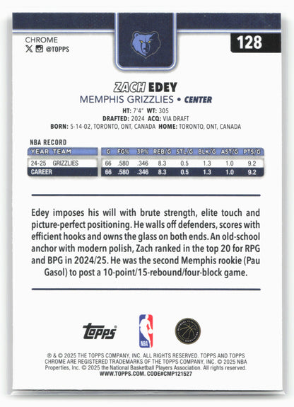 2025-26 Topps Chrome #128 Zach Edey Basketball Refractor 25680