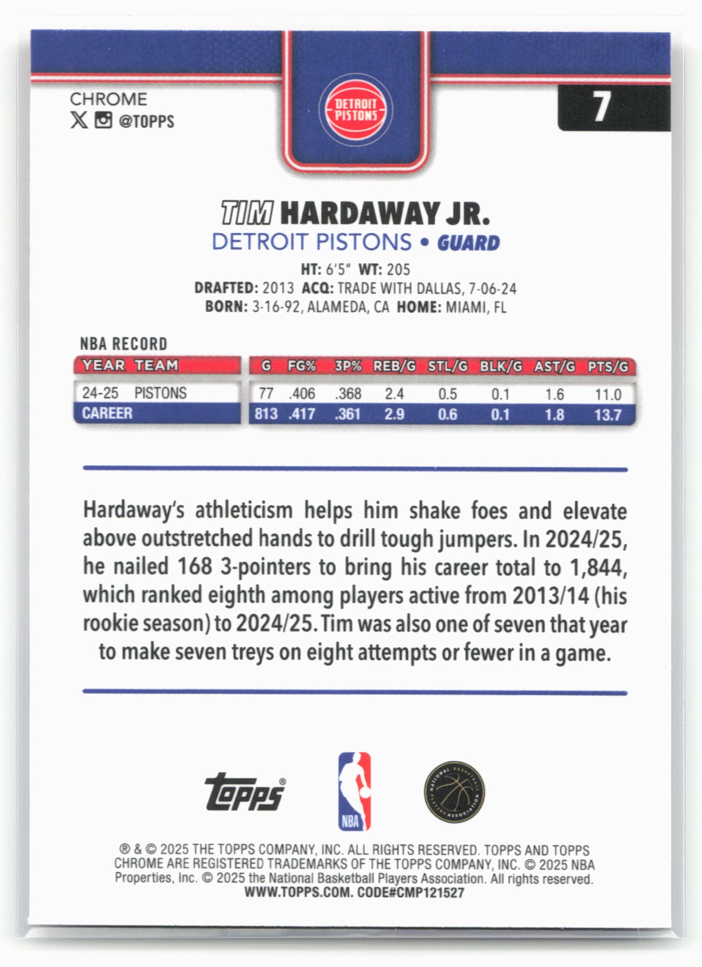 2025-26 Topps Chrome #7 Tim Hardaway Jr. Red White and Blue Refractor 25686