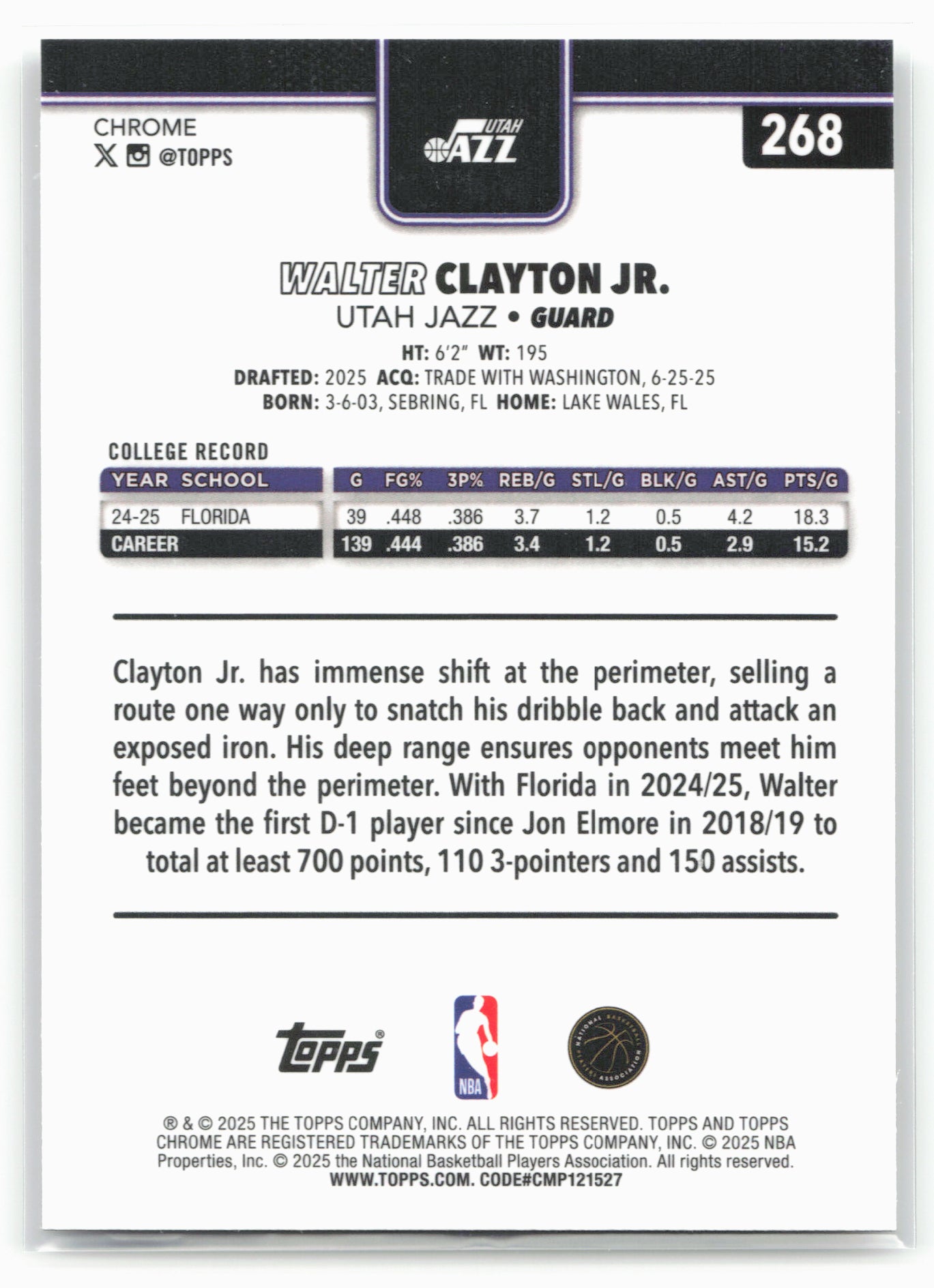 2025-26 Topps Chrome #268 Walter Clayton Jr. 25688