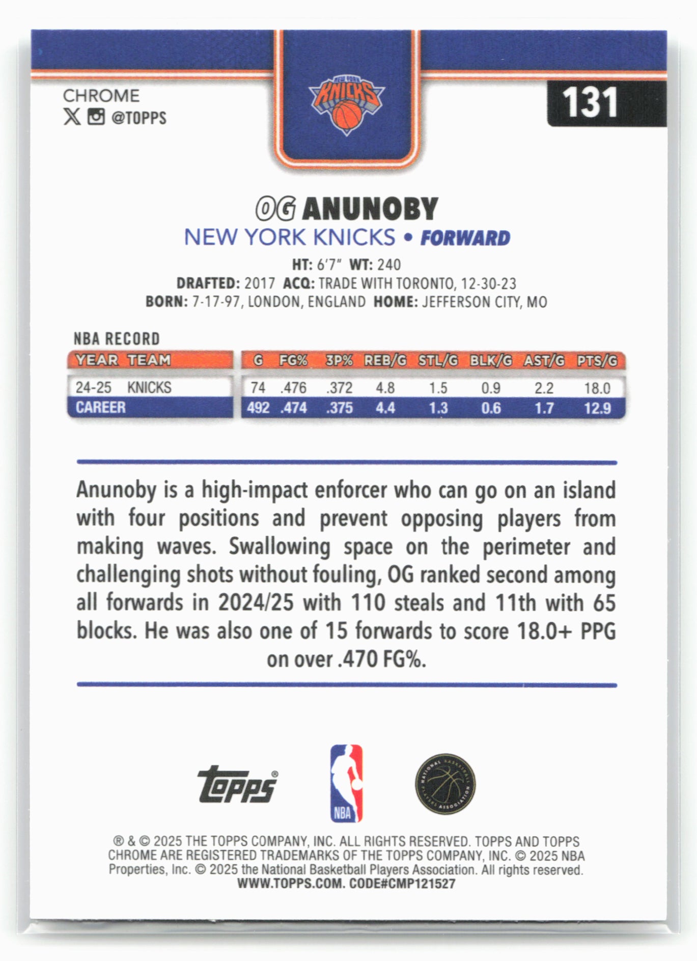 2025-26 Topps Chrome #131 OG Anunoby Refractor Error card