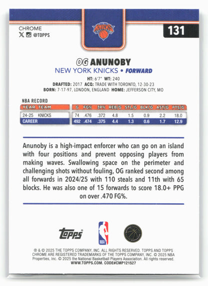 2025-26 Topps Chrome #131 OG Anunoby Refractor Error card