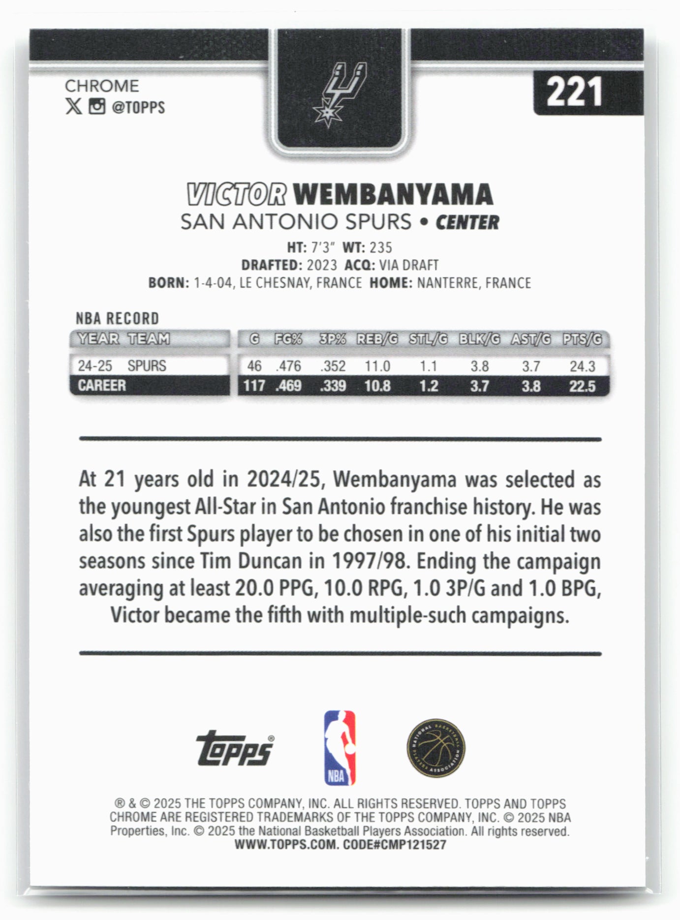 2025-26 Topps Chrome #221 Victor Wembanyama 25694