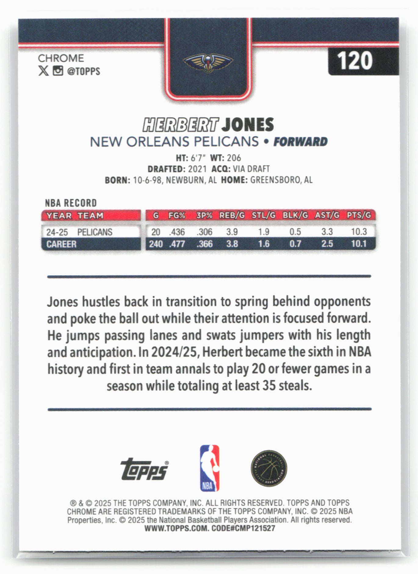 2025-26 Topps Chrome #120 Herbert Jones Refractor Error card
