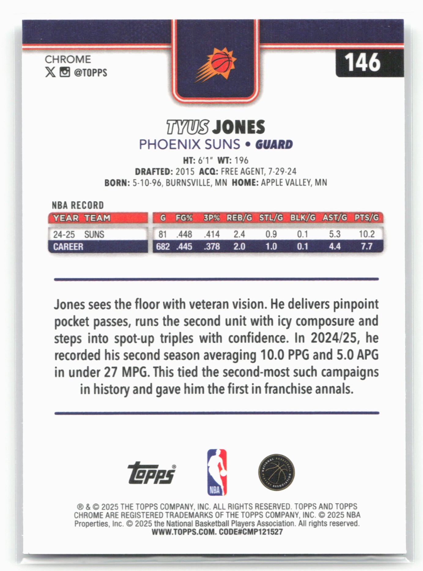 2025-26 Topps Chrome #146 Tyus Jones 25702