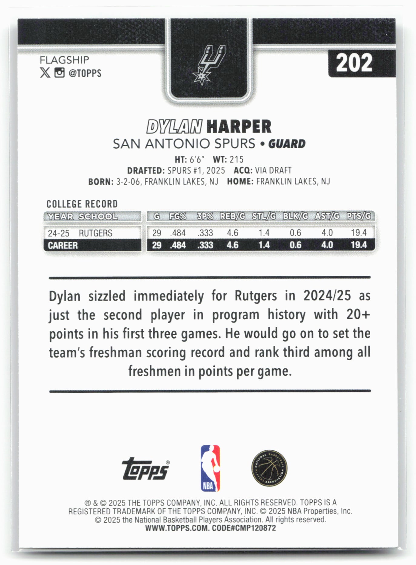 2025-26 Topps #202 Dylan Harper Rainbow Foilboard 25703