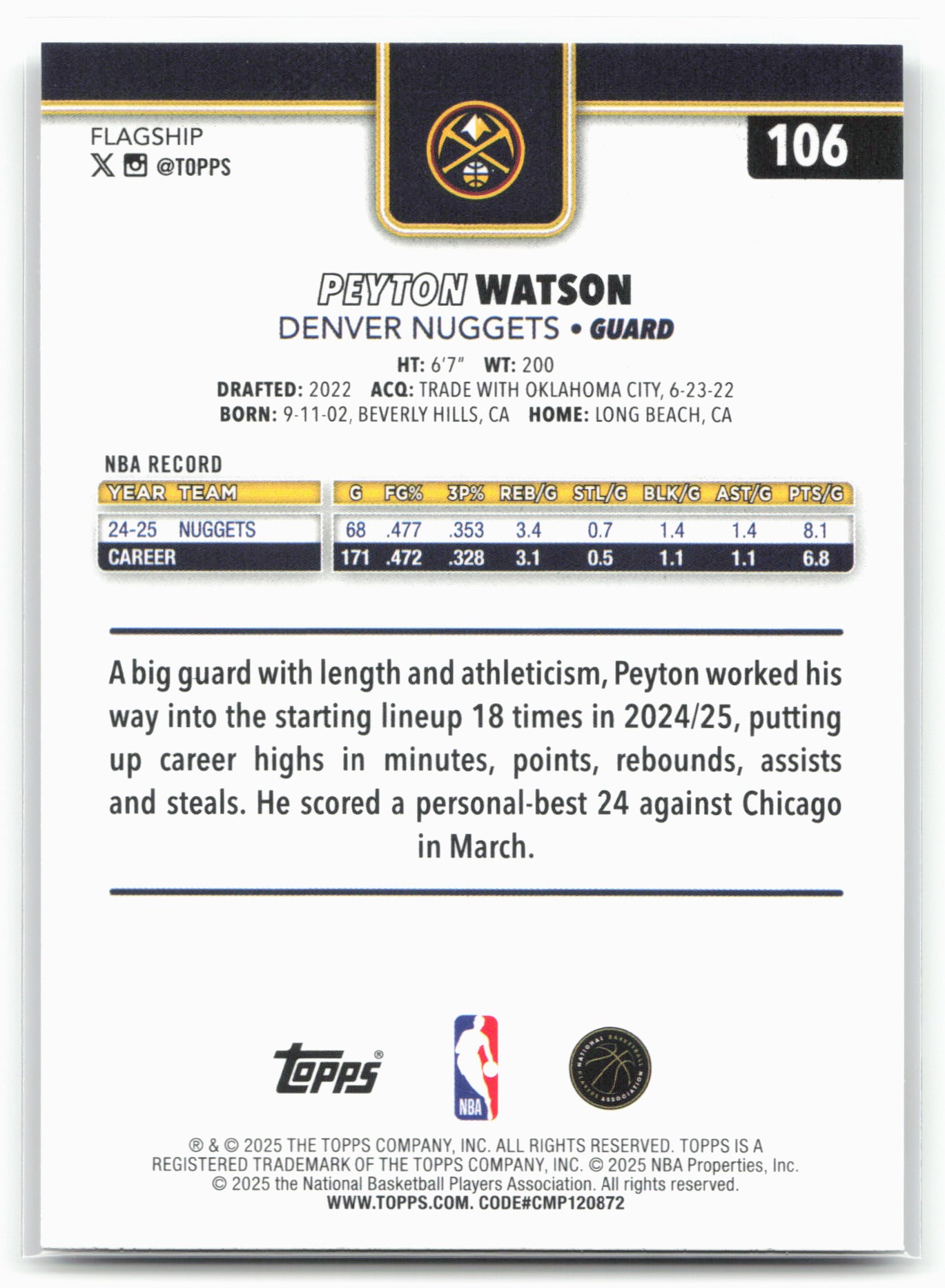 2025-26 Topps #106 Peyton Watson Diamante 25706