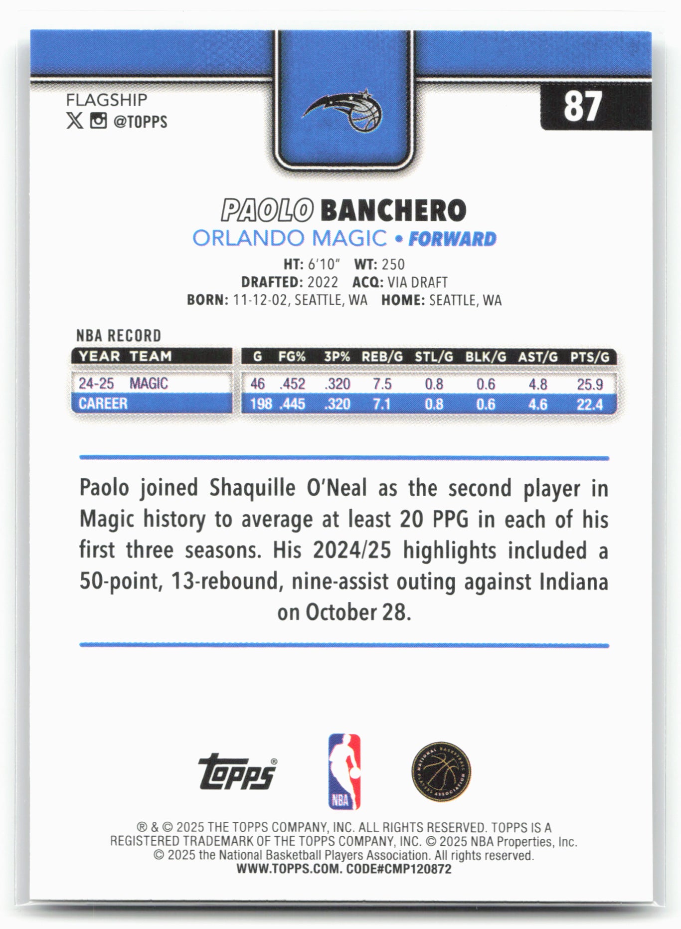 2025-26 Topps #87 Paolo Banchero Rainbow Foilboard 25710