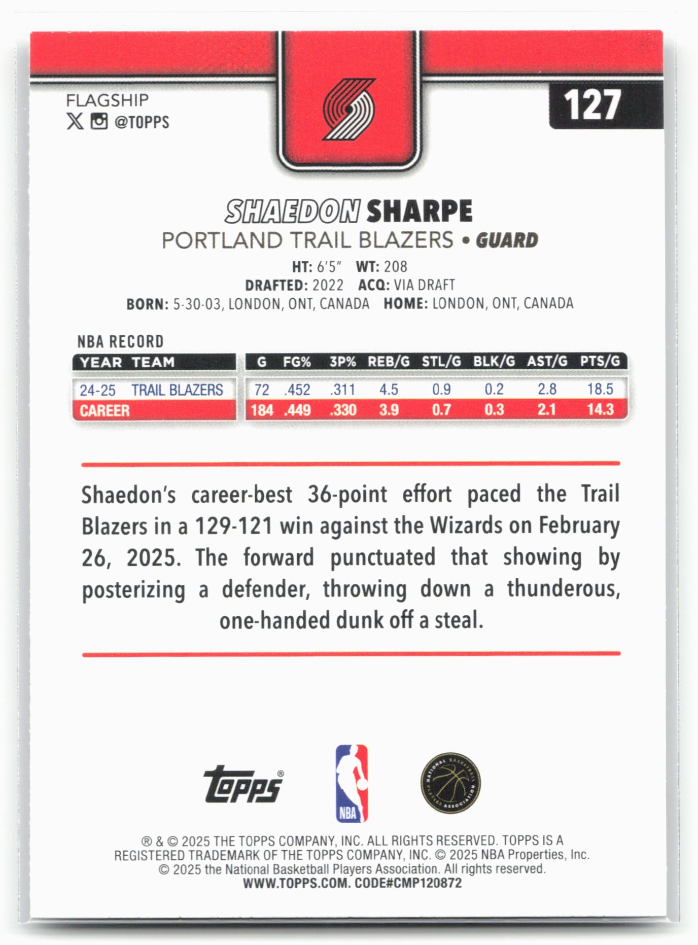 2025-26 Topps #127 Shaedon Sharpe Holo Foil 25724