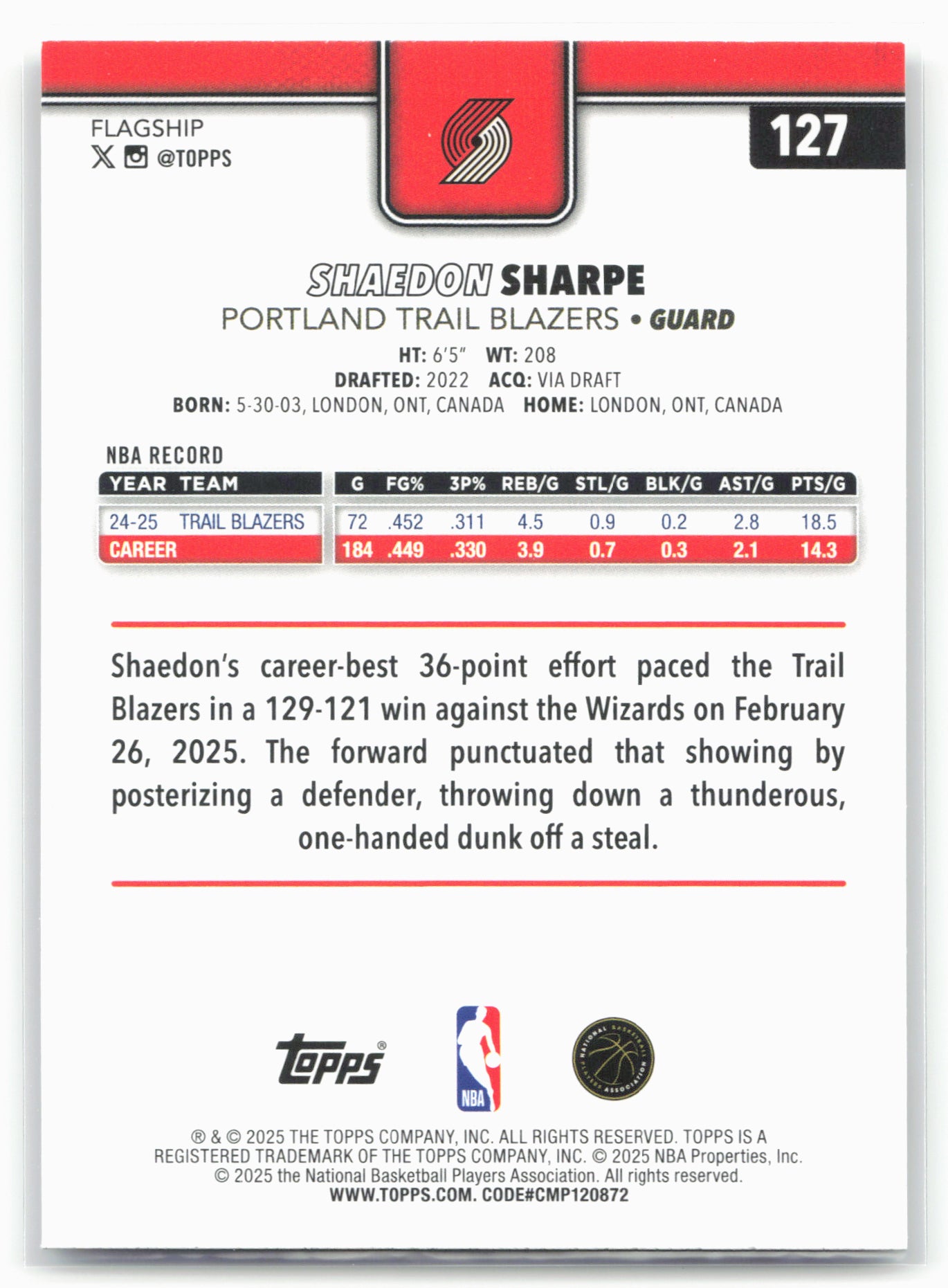 2025-26 Topps #127 Shaedon Sharpe Diamante 25740