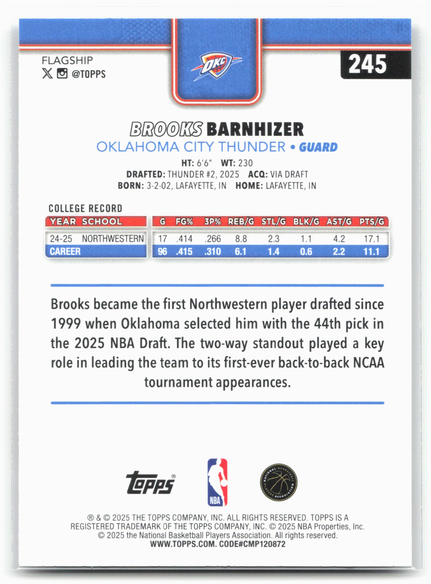 2025-26 Topps #245 Brooks Barnhizer Rainbow Foilboard 25771